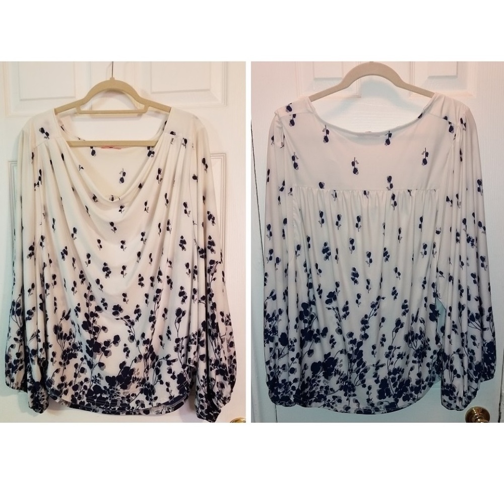 Simply Aster White & Navy Floral  Long  Sleeve 2X